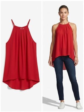 Sleeveless Red High-Neck Pleated Halter Blouse
